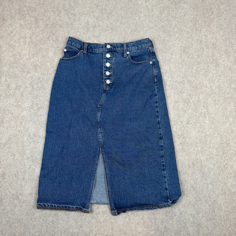 Banana Republic Denim Skirt Women 6 Blue Button Fly Front Slit Midi High Waist